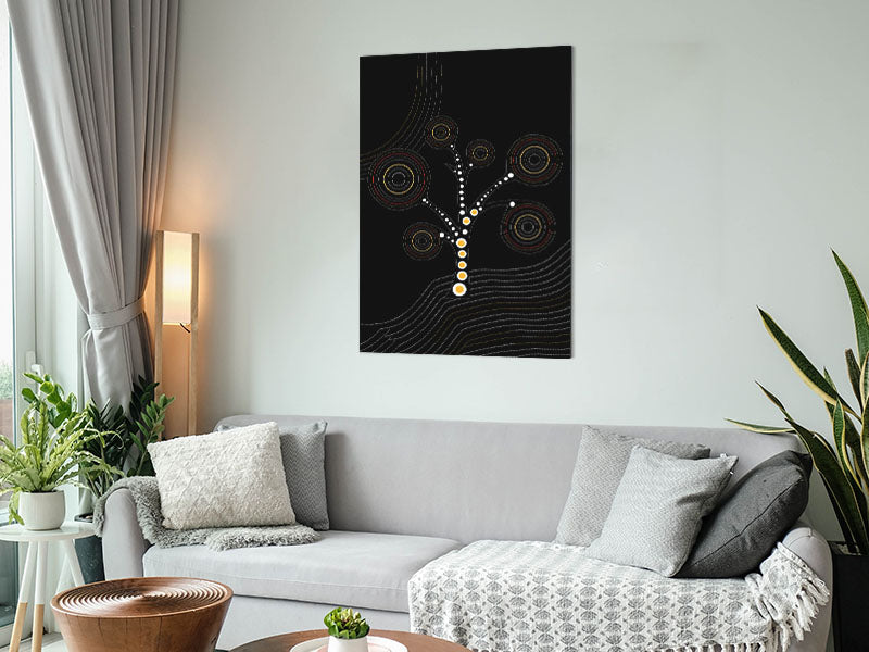 Aboriginal Tree 2 artwork printed on brushed aluminium dibond, showcasing vibrant colors and intricate details.